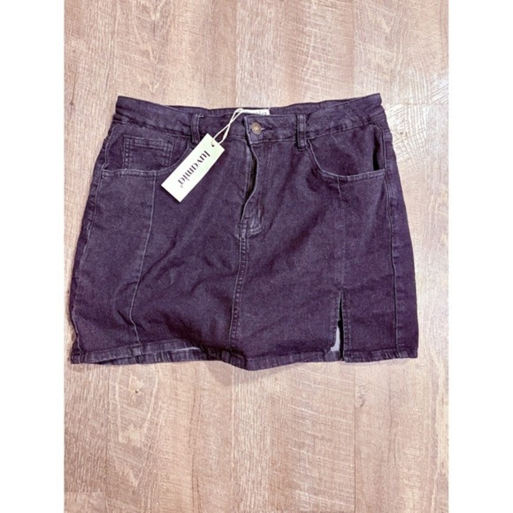New Luvamia Denim Skirt Dark Wash Mini‎ Slit Front Pockets Zip Fly Womens Size L
